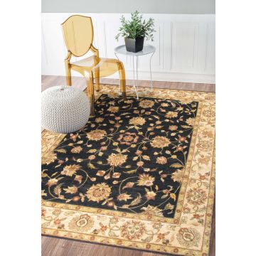 Rugsville Traditional Floral Black Hand Knotted Wool Rug 10175