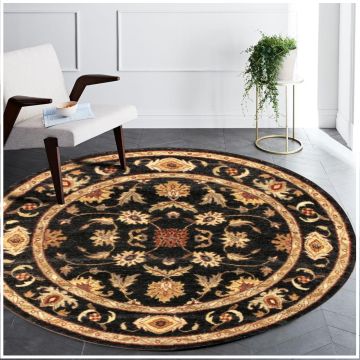 Rugsville Francine Traditional Floral Hand Knotted Black Wool Rug 120 x120 cm