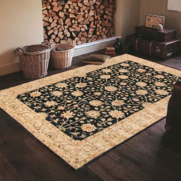 Rugsville Gigi Traditional Black Floral Hand Knotted Wool Rug 10235