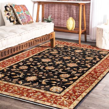 Rugsville Raine Traditional Floral Black Hand Knotted Wool Rug 10293