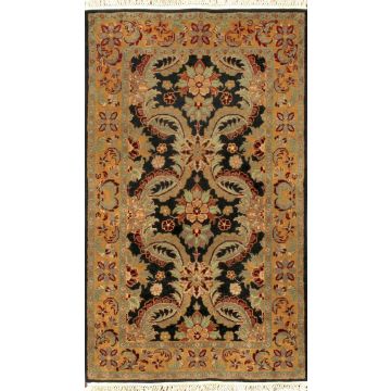 Rugsville Agra Traditional Floral Black Wool Rug 90 x 150 cm