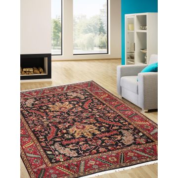 Rugsville Ethan Traditional Floral Black Hand Knotted Wool Rug 10838