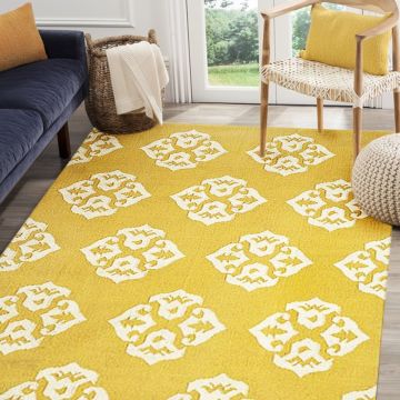 Rugsville Renee Contemporary Yellow & Gold Graphic Handwoven Wool Rug 13659