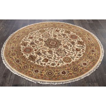 Rugsville Handmade Traditional Court Tan & Ivory Wool Round Rug 180 x 180 cm