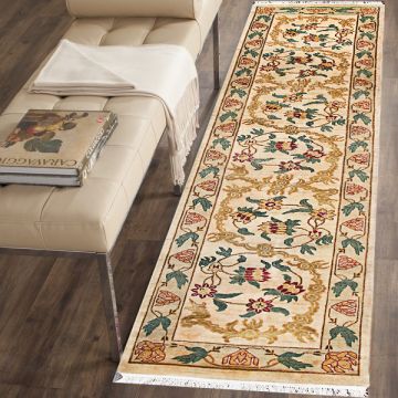 Rugsville Alexius Traditional Beige Floral Hand Knotted Wool Rug 90 x 360 cm Runner