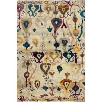 Rugsville Ikat Sari Silk Hand Knotted Ivory Tribal Rug 180 x 270 cm