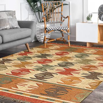 Rugsville Clubby Multi Bohemian Kilim Jute Dhurrie Carpet 120 x 180 cm