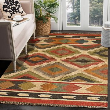 Rugsville Communicable Multi Bohemian Kilim Jute Dhurrie Carpet 120 x 180 cm