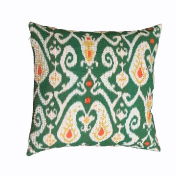 Rugsville Kantha Ikat Green Cotton Pillow Cover 40 x 40 cm