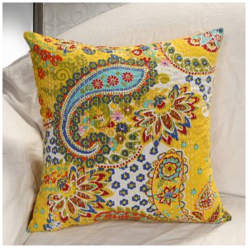 Rugsville Ethnic Kantha Floral Yellow Gold Cushion Cover 40x40 cm