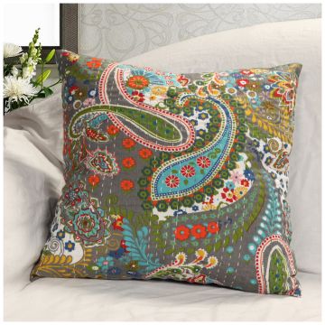 Rugsville Ethnic Kantha Floral Green Cushion Cover 40 x 40 cm