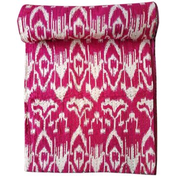 Rugsville Cotton Kantha Ikat Pink Handmade Quilt  Bedspread 41527 150 x 225 cm