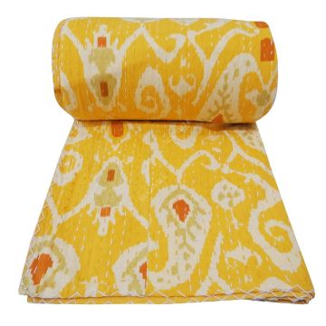 Rugsville Cotton Kantha Ikat Yellow Handmade Quilt  Bedspread 41529 150 x 225 cm