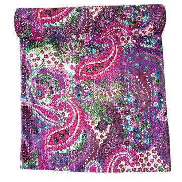 Rugsville Cotton Kantha Paisley Purple Handmade Quilt  Bedspread 41534 225 x 270 cm