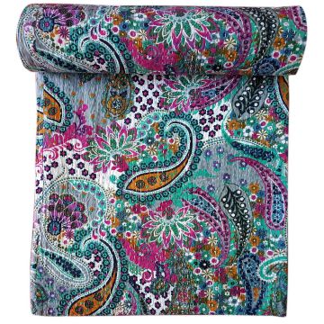 Rugsville Cotton Kantha Paisley Grey Handmade Quilt  Bedspread 41539 225 x 270 cm