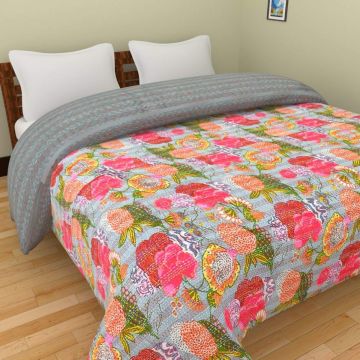 Rugsville Cotton Kantha Floral Grey Handmade Quilt  Bedspread 41581 150 x 225 cm