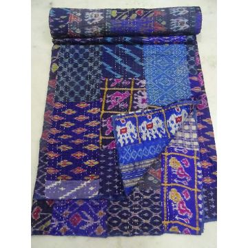 Rugsville Blue Patola Silk Patch Work Kantha Quilt, Kantha Blanket Bedspread 225 x 270 cm cm