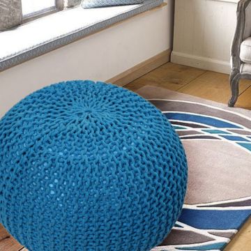 Rugsville Solid Blue Cotton Kintted Oval Pouf 35 x 50 cm