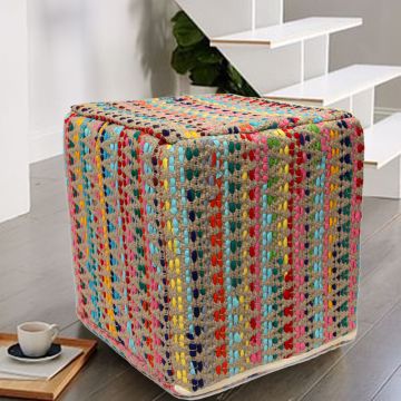 Rugsville Multicolor Pitloom Square Cotton Cube Ottoman 40 x 40 cm