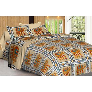 Rugsville Elfenfolk 180 TC Fine Cotton Beige Blue Bedsheet With 2 Pillow Covers