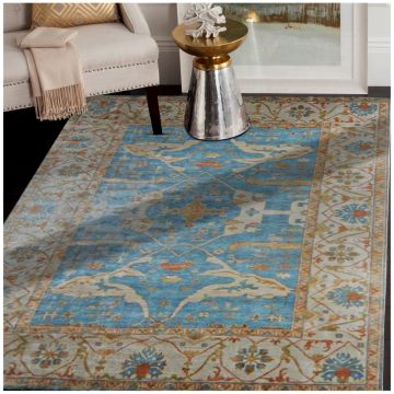 Rugsville Alessandro Persian Traditional Floral Blue Hand Knotted Wool Rug 63148
