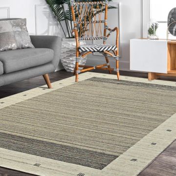 Alfric Bordered Ivory Hand Knotted Gabbeh Wool Rug 63246