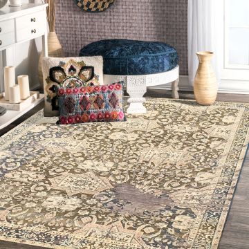 Rugsville Oxidized Traditional Floral Green Hand Knotted Wool & Silk Rug 180 x 270 cm