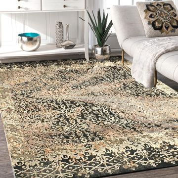 Rugsville Oxidized Traditional Floral Black Hand Knotted Wool & Silk Rug 180 x 300 cm