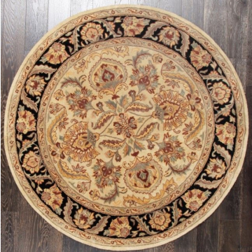 Dazzel Persian Floral Handmade Ivory Black Wool Rug Round 6' x 6'