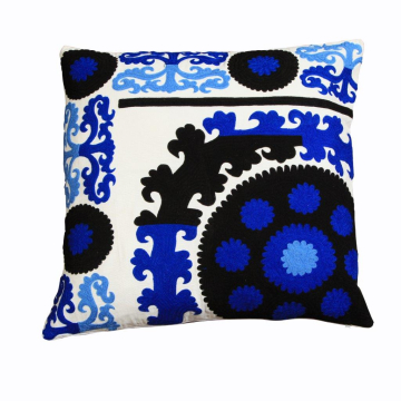 ABC Suzani Embroidered Black Blue Cotton Pillow Cover 24"
